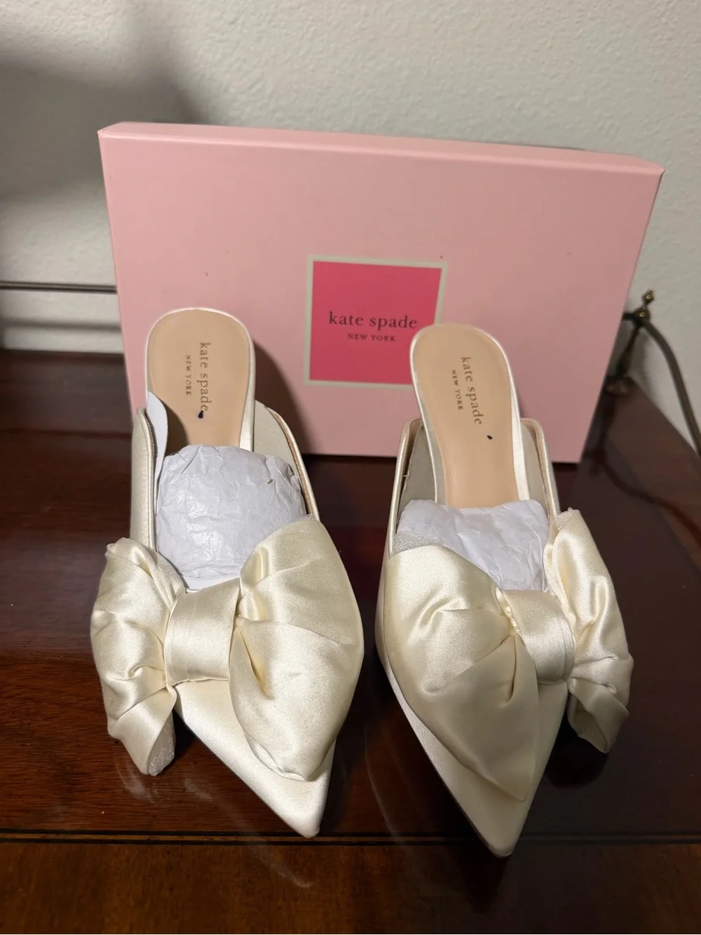 kate spade Ivory White Satin Pointed Bow Slip-On Heels Bridal Wedding